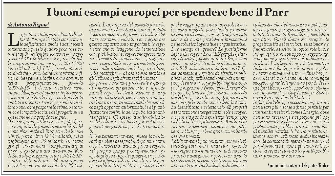 BUONI ESEMPI EUROPEI PER SPENDERE BENE IL PNRR