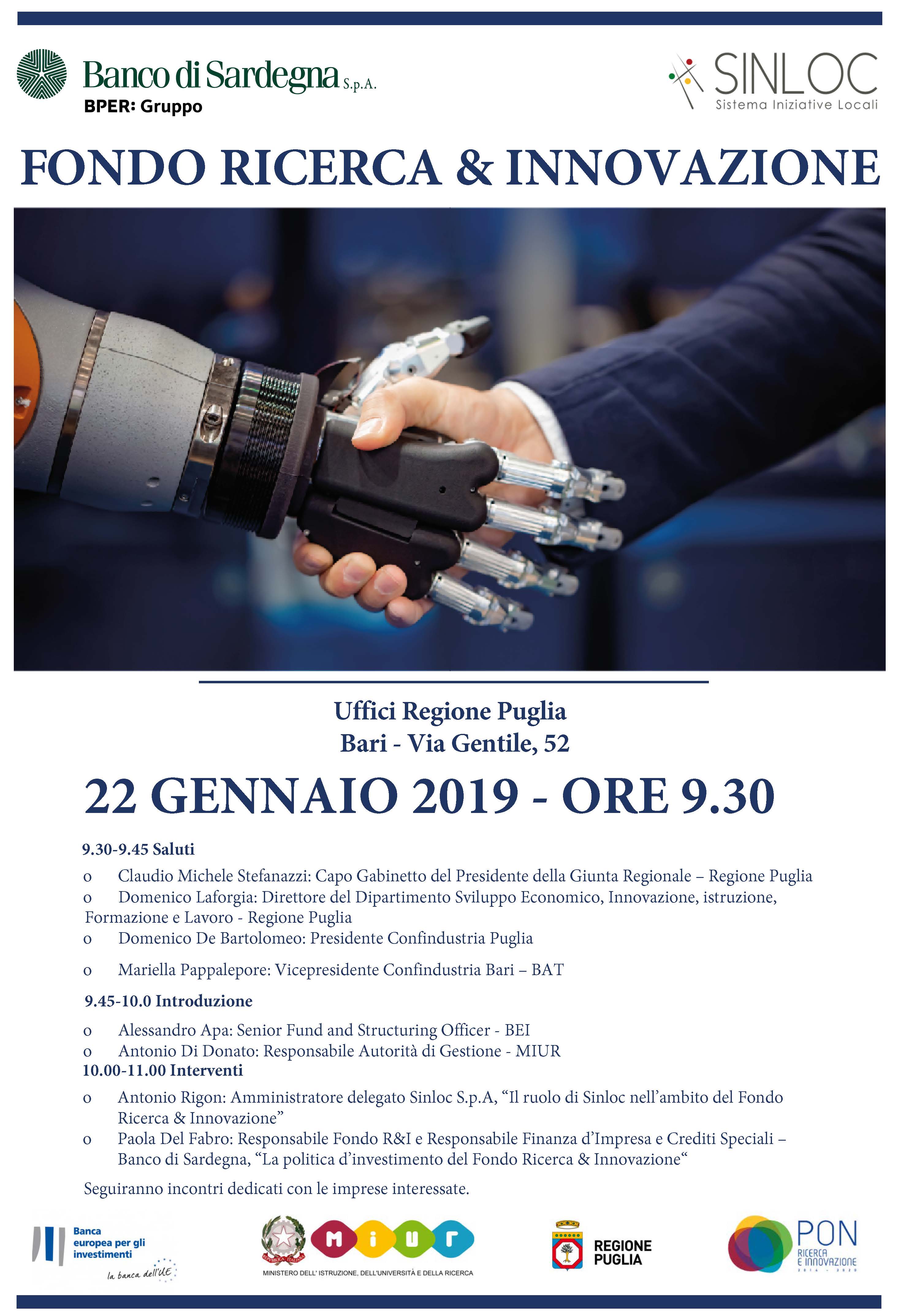 A BARI LA PRESENTAZIONE DEL FONDO “RICERCA & INNOVAZIONE”